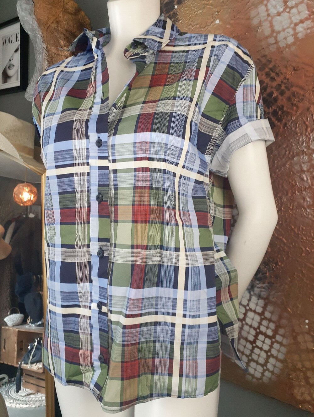 Zara Nwt Classic Short-Sleeve Plaid Button-Up Shirt - Green, Blue And Red
